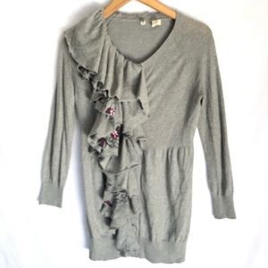 Anthro Moth Gray Rufle Button Up Cardigan XS Long